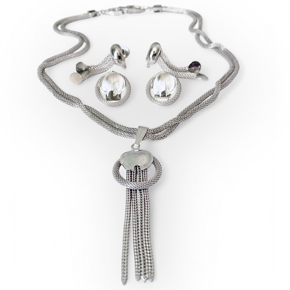 Vintage Continental Silver-tone Mesh Jewelry Set Necklace Earrings Pairs Lot - Picture 6 of 9